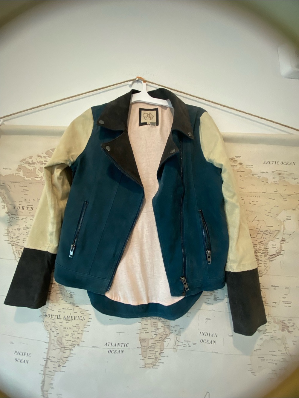 Chaser Teal, Cream & Black Colorblock Leather Suede Moto Jacket